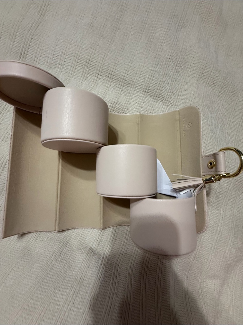 Leather Travel Jewelry Roll Keychain Organizer in Light Pink